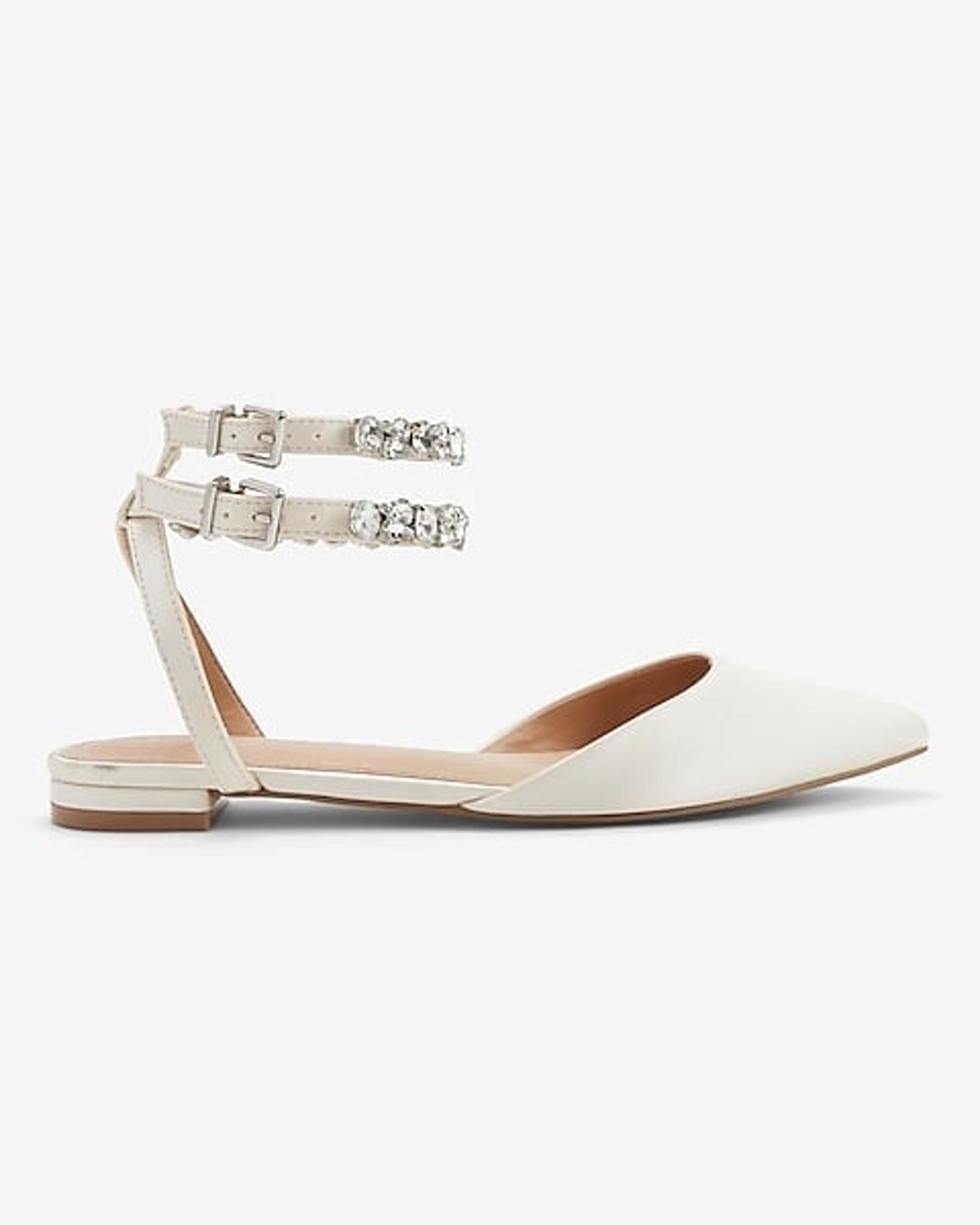 Express Champagne Cream Rhinestone Embellished Double Ankle Strap Flats
