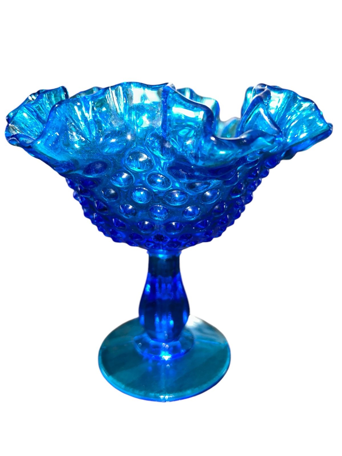 Vintagr Fenton Blue Ruffle Hobnail Pedestal Compote  Dish 6”
