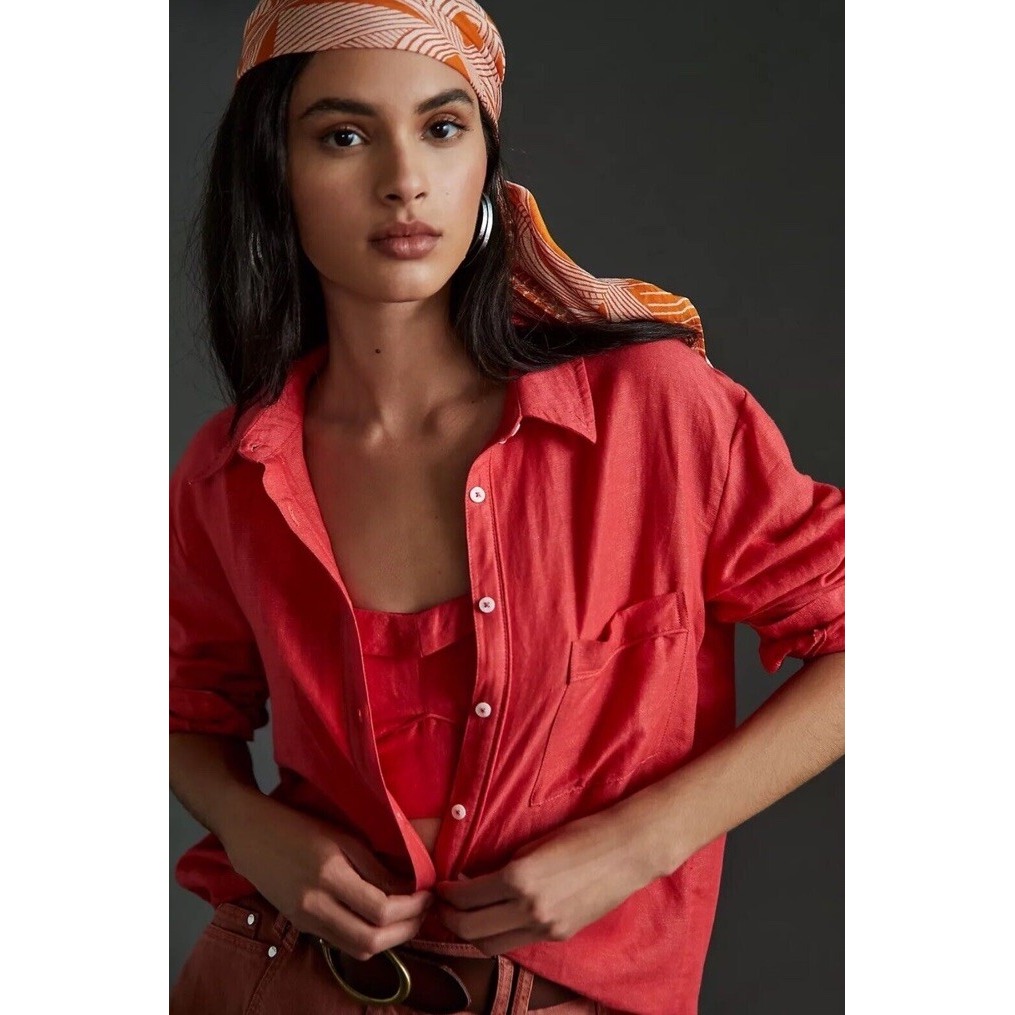 Anthropologie Maeve Linen Cotton Blend Buttondown Shirt Size Small Red