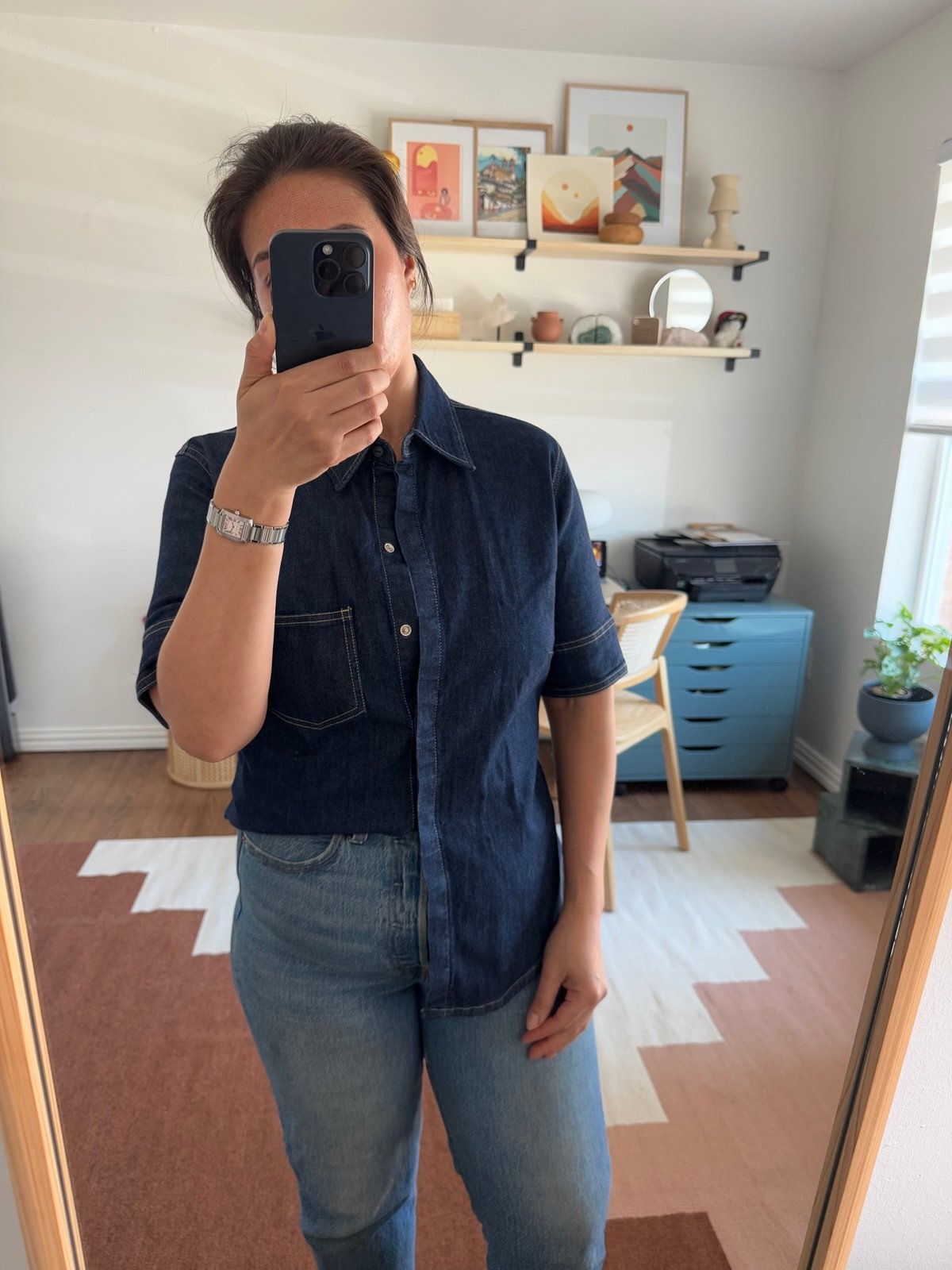 Gap Vintage Denim Cotton Blend Button Up Collar 3/4 Sleeve Jeans Blouse