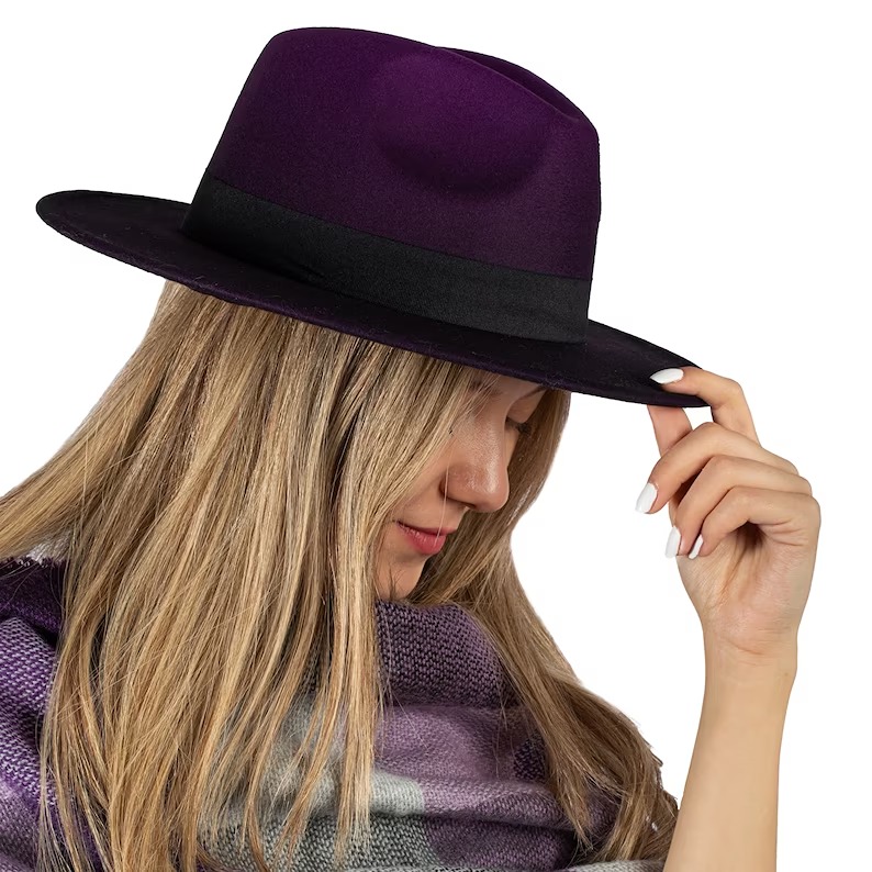 Purple Ombre Fedora Hat, Vegan Felt Stiff Brim Hat, Men Winter Hat, Women Wide