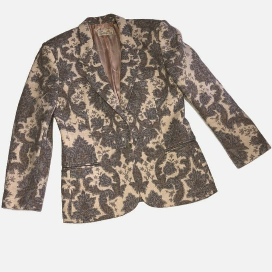 Vintage Wool Print Cream Gray Print Blazer Jacket Size 10 Academia Preppy Unisex