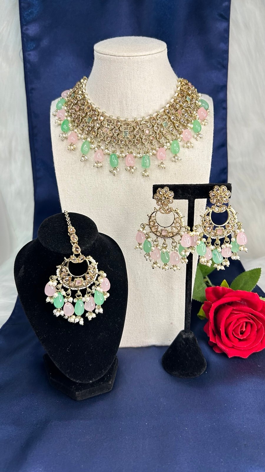 Beautiful Mint Pink Gold Polki Necklace With Earrings And Tikka.
