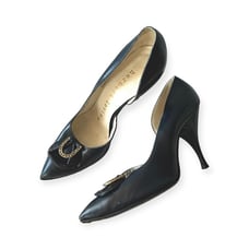 Vintage Herbert Levine Navy Pumps with Rhinestone Horseshoe Trim Size 5B