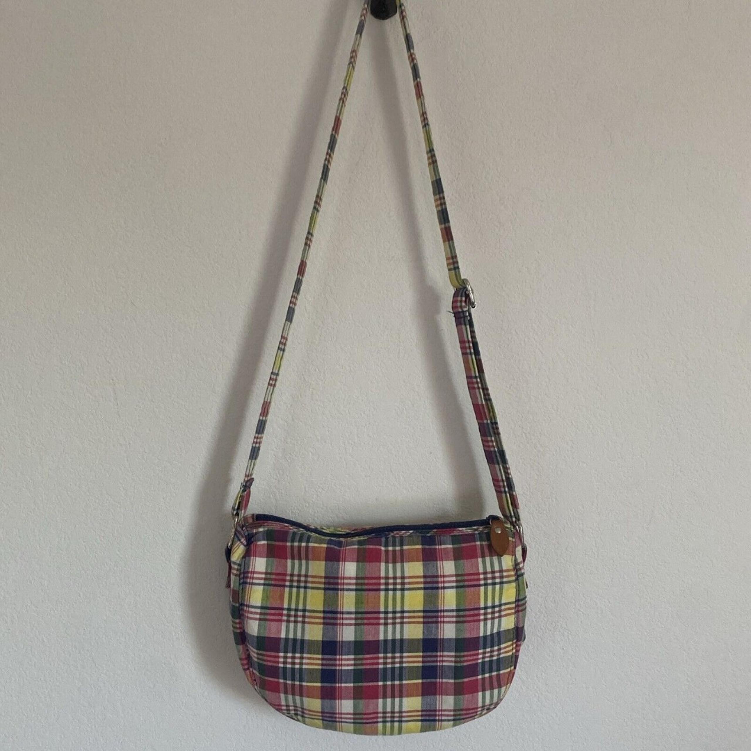 Ralph Lauren Crossbody Bag Colorful Plaid Cotton Purse w Leather Zipper Pulls