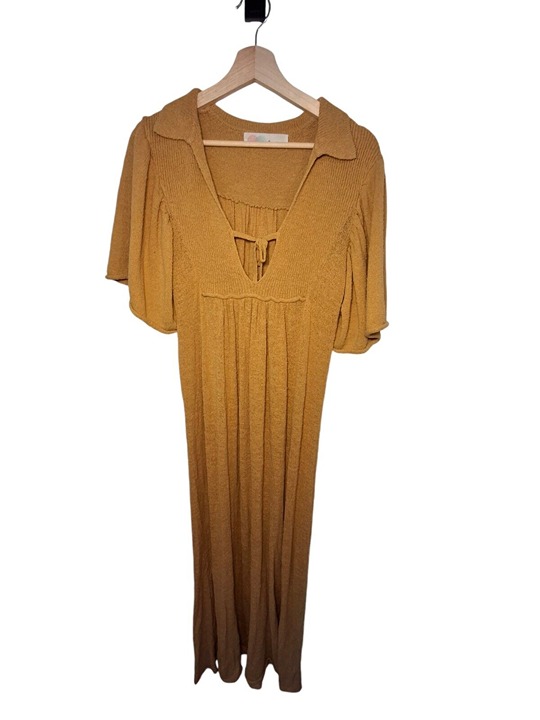Free People Beach Knit Short Sleeve Collared Mustard Maxi Dress Size M OB1344409