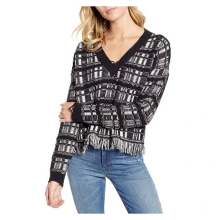 NWT Wildfox Sweater Size M Reece Ritzy Fringe Black White Grunge Gothic