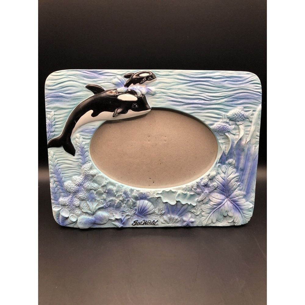 Vintage SeaWorld photo picture frame standing 4x6 Orca Whale San Diego Souvenir
