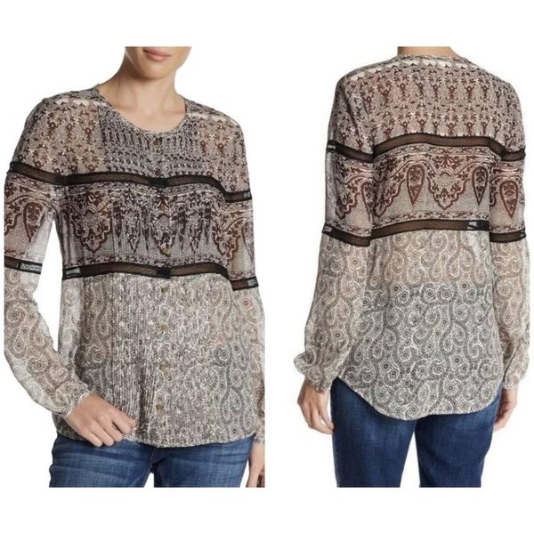 Brown Daisy Silk Lace Detail Nude Sheer Long Sleeve Blouse
