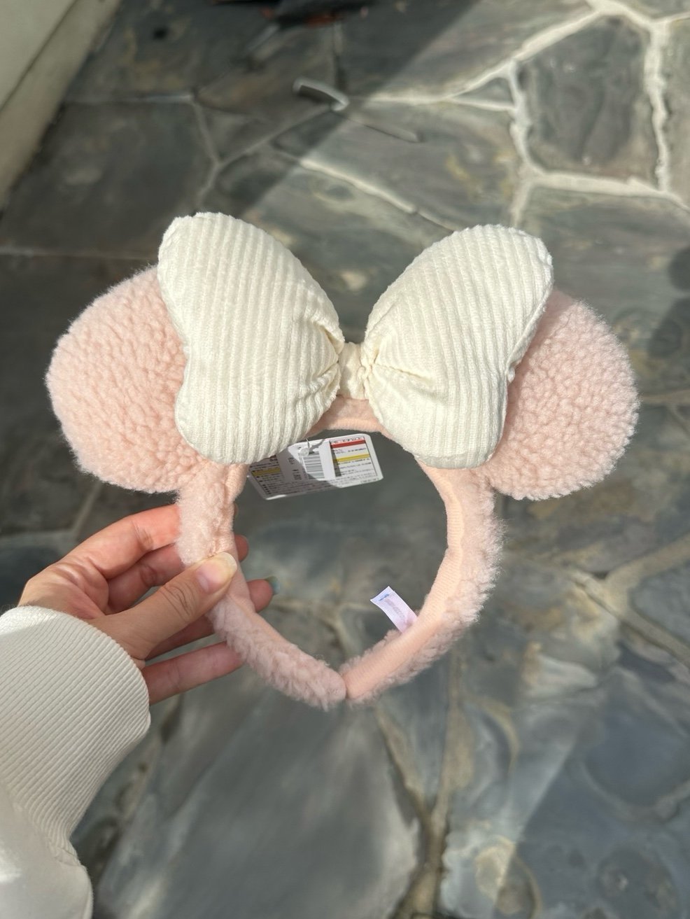 Tokyo Disney pink Sherpa white bow Minnie Mouse Ear Headband Japan new