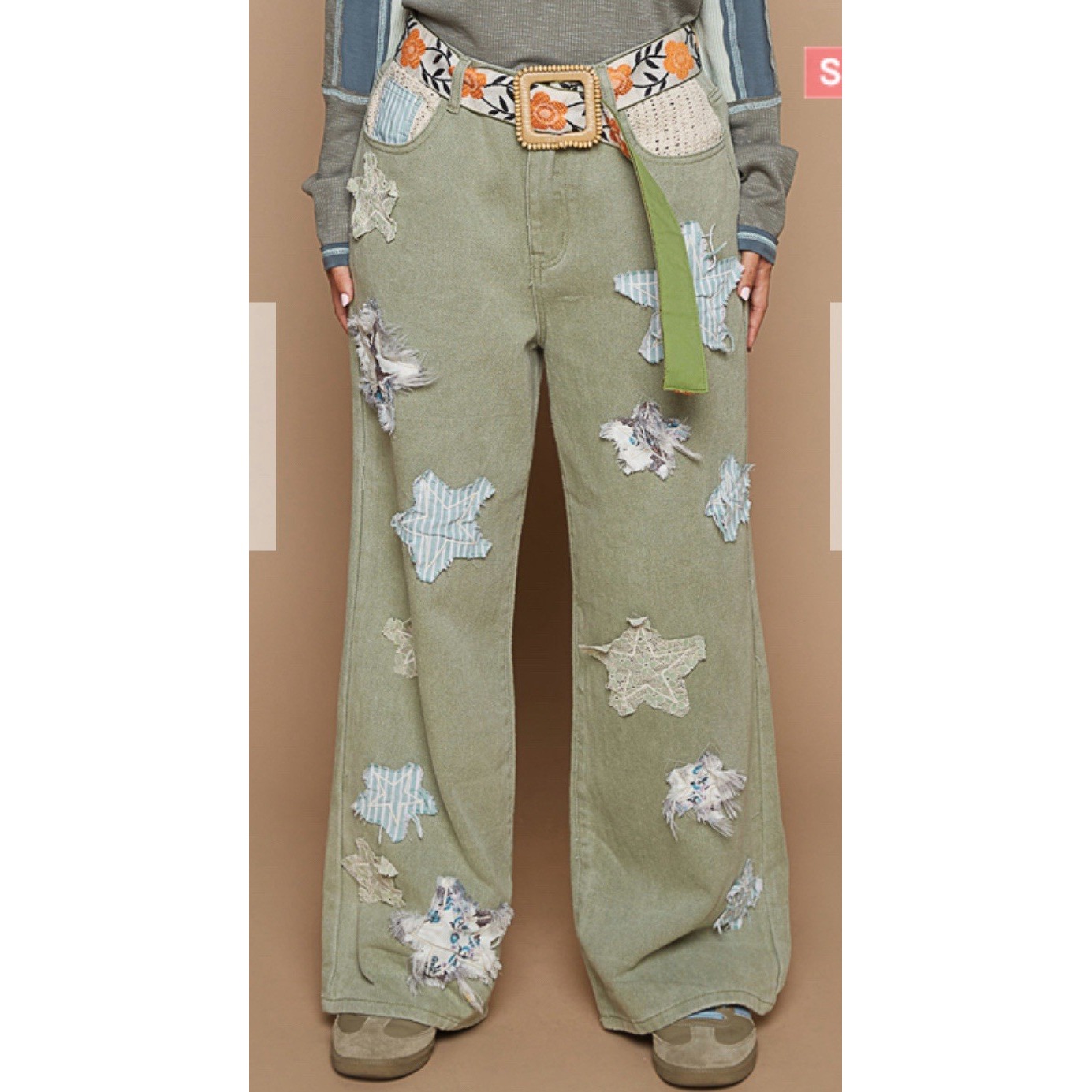 POL Star Print Olive Green Star Patchwork Jeans Straight Leg Pants Womens Sz S