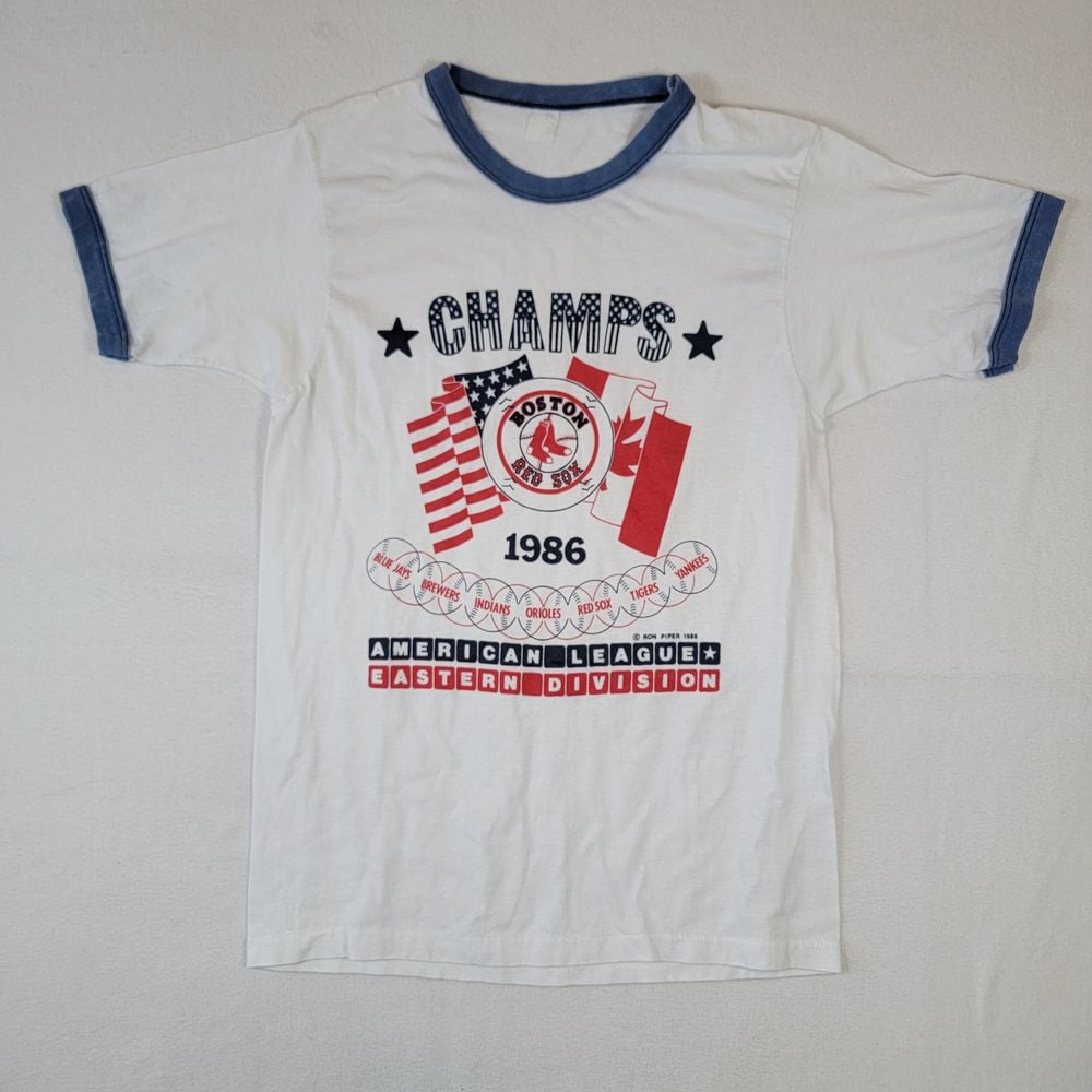 VTG 1986 Boston Red Sox AL Champions Ringer T-Shirt Sz XS Washed Tag Ron Piper