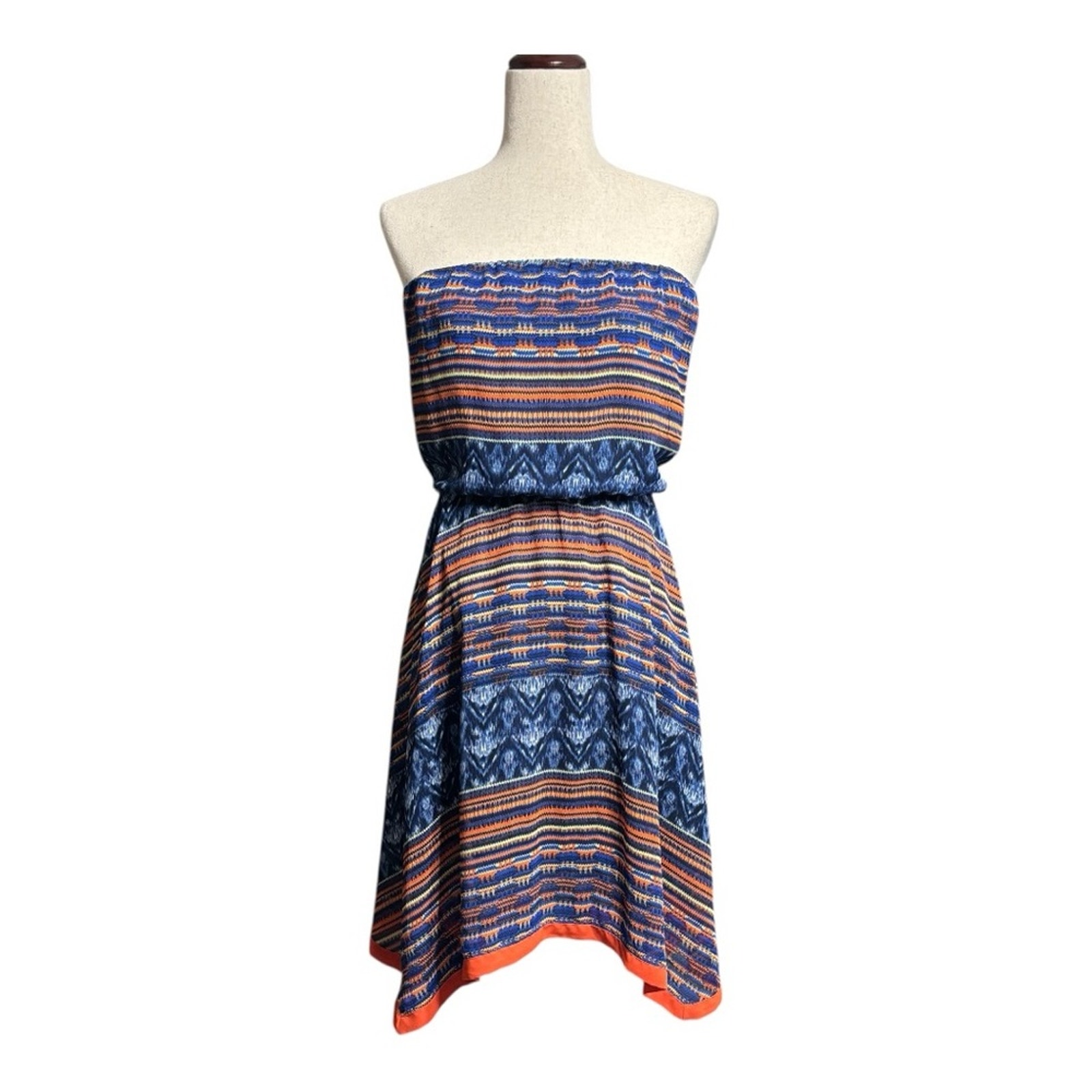 Maeve Blue and Orange Asymmetrical Strapless Sundress Size Medium