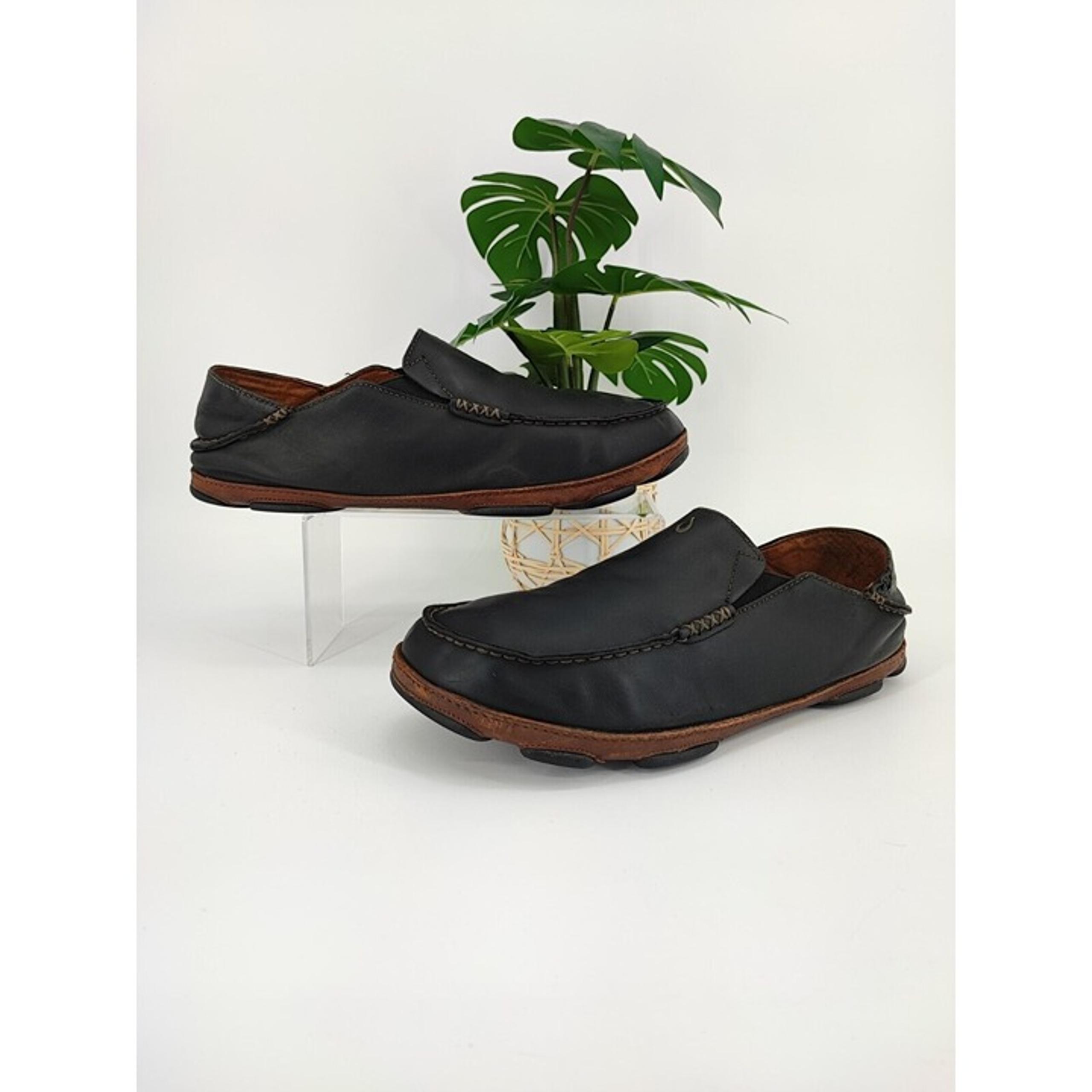 Olukai Men's Moloa Black Leather Slip On Loafers Size 12 US