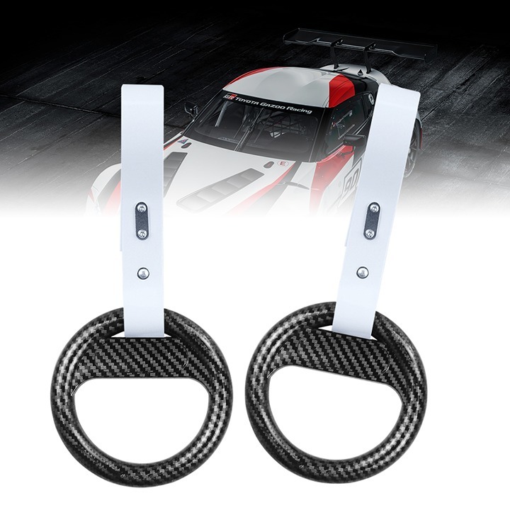 Brand New 2PCS Round Carbon Fiber JDM TSURIKAWA White Handle Strap Charm Drift