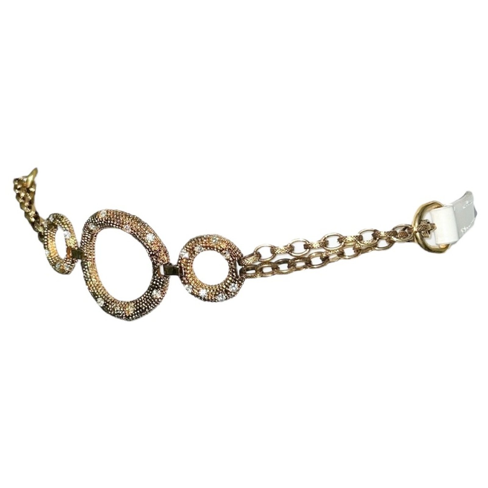 VTG Dolce & Gabbana White Leather Gold Rhinestone O-Ring Chain Glam Belt