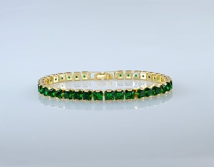 14K Gold Womens Square 2ct Green Emerald Gemstone Tennis Bracelet 14K Silver 7