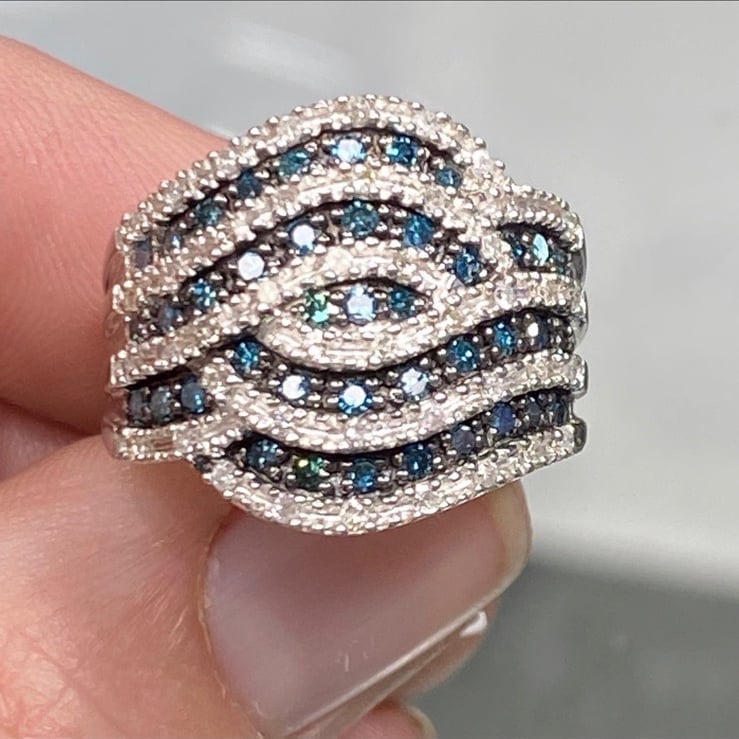 Genuine 2 Carat Blue & White Diamond Swirl Cocktail Ring in 925 Sterling Silver