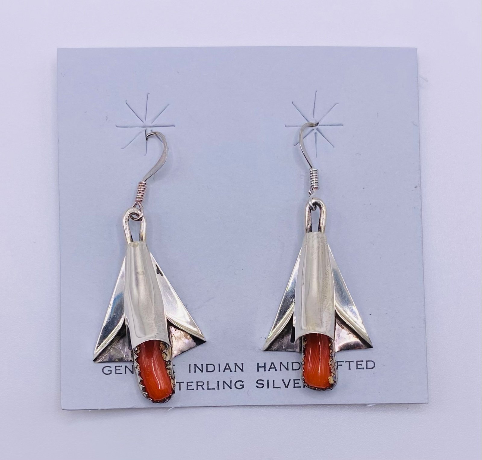 Handmade Louise Yazzie Navajo Sterling Silver Red Coral Squash Blossom Earrings