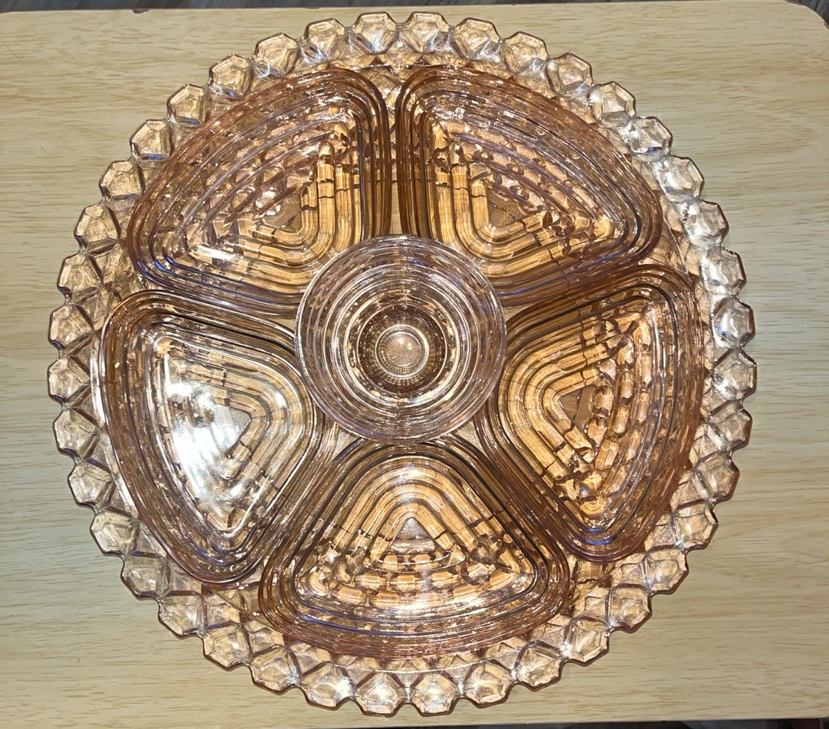 Vintage Pink Depression Glass Serving Platter With 5 Trays & Dipping Bowl