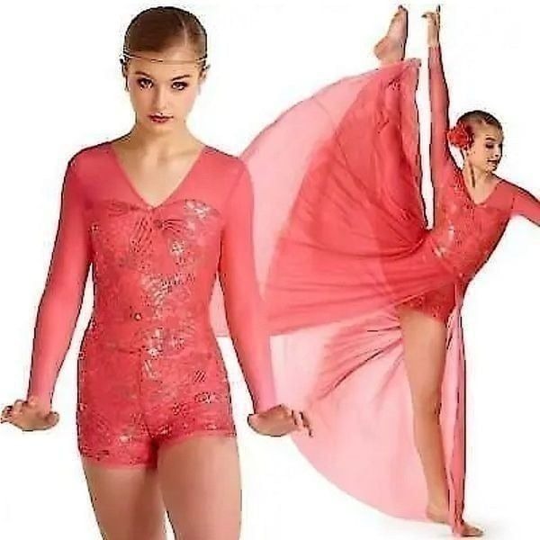 Curtain Call Dance Costume coral E2191 2 piece maxi skirt leotard sequin CLA