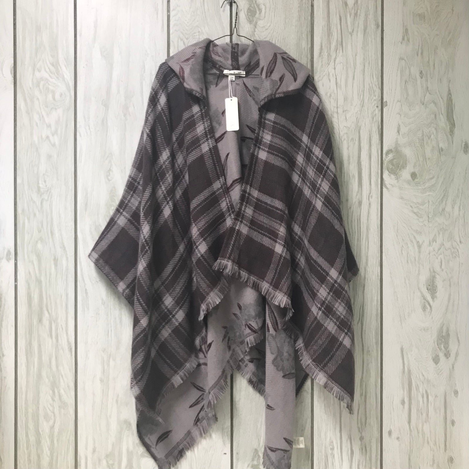Simply Noelle Women Eggplant Plaid Hooded Shawl Poncho Cape Duster Ruana Cloak