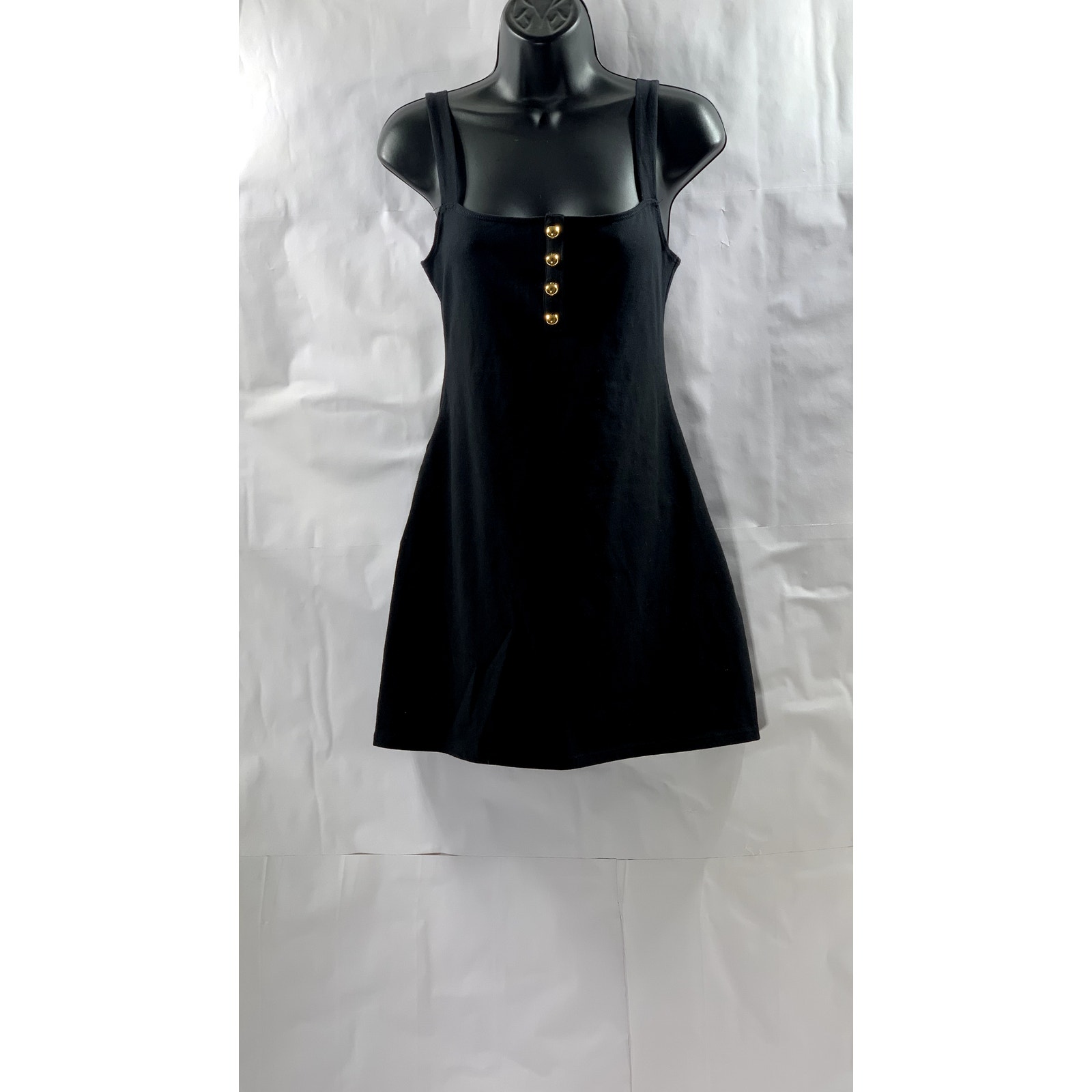 REFORMATION Women's Black-Gold Button Straight-Neck A-Line Mini Dress SZ S