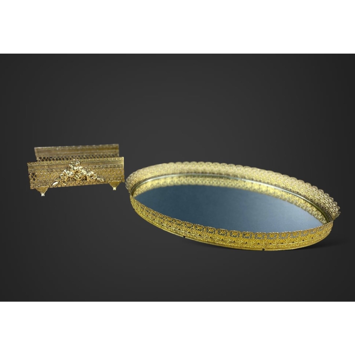 XL Vanity Mirrored Tray & Tissue Box Holder Gold Tone Filagree Hollywood Regency