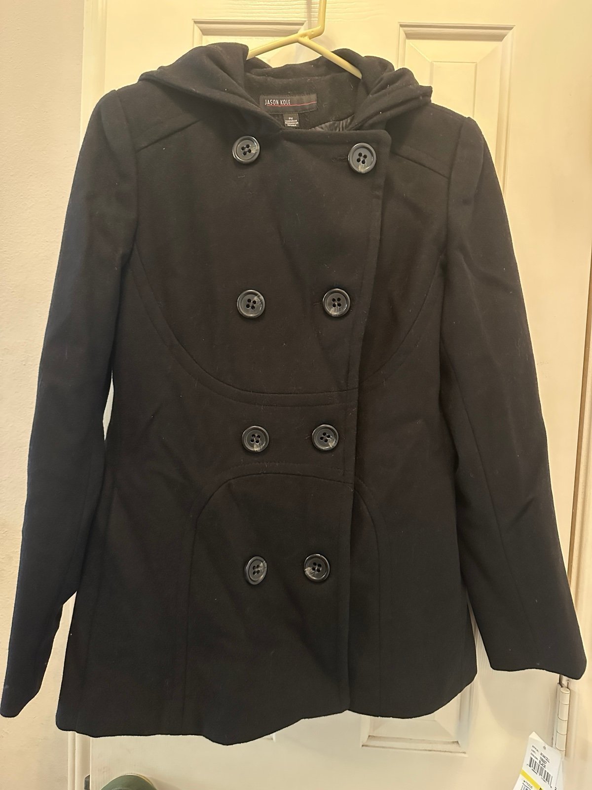 Jason Kole Black hooded wool long sleeve peacoat NEW with tags Petite size Med.
