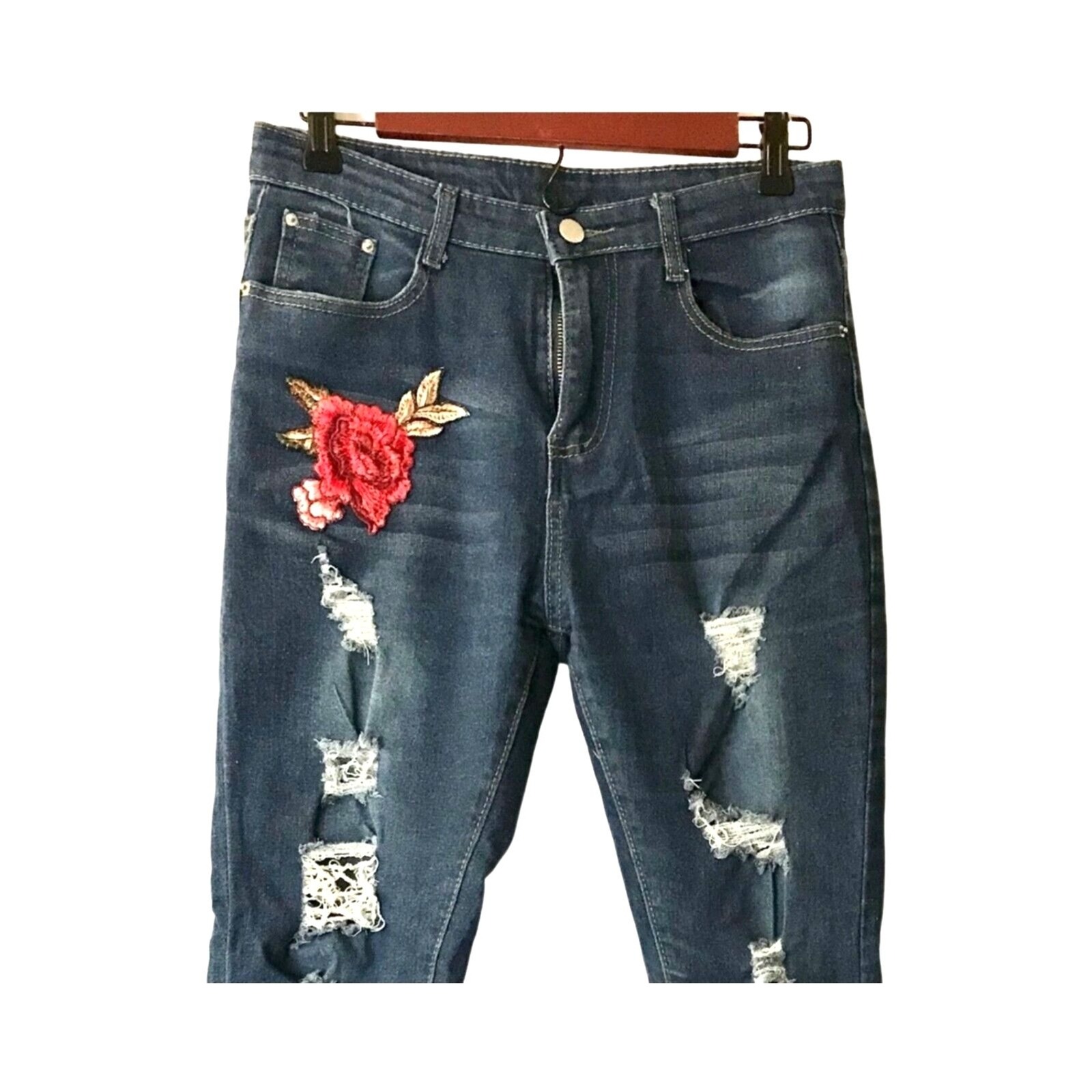 Women’s Blue Jeans Pants Bottoms Skinny with 2 Red Roses Embroidery Size M