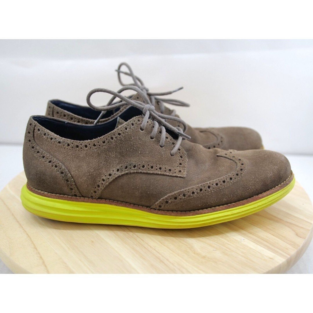 Cole Haan LunarGrand Wing Tip Gull Grey Suede Volt Neon Yellow C11095 Mens 9.5