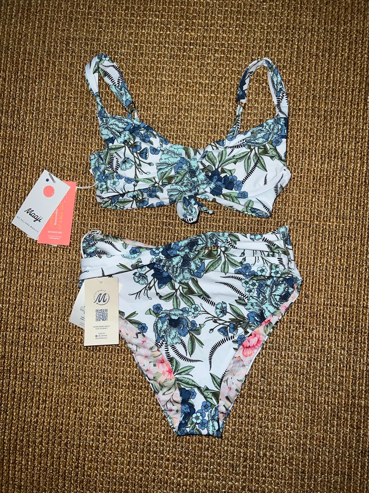 NWT Maaji Blue White Pink Floral Reversible Underwire High Waisted bikini M