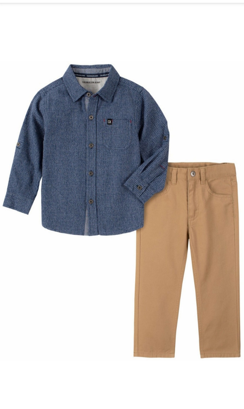 Calvin Klein Toddler Boys Tonal Check Woven Shirt with Pant, 2 Piece Set