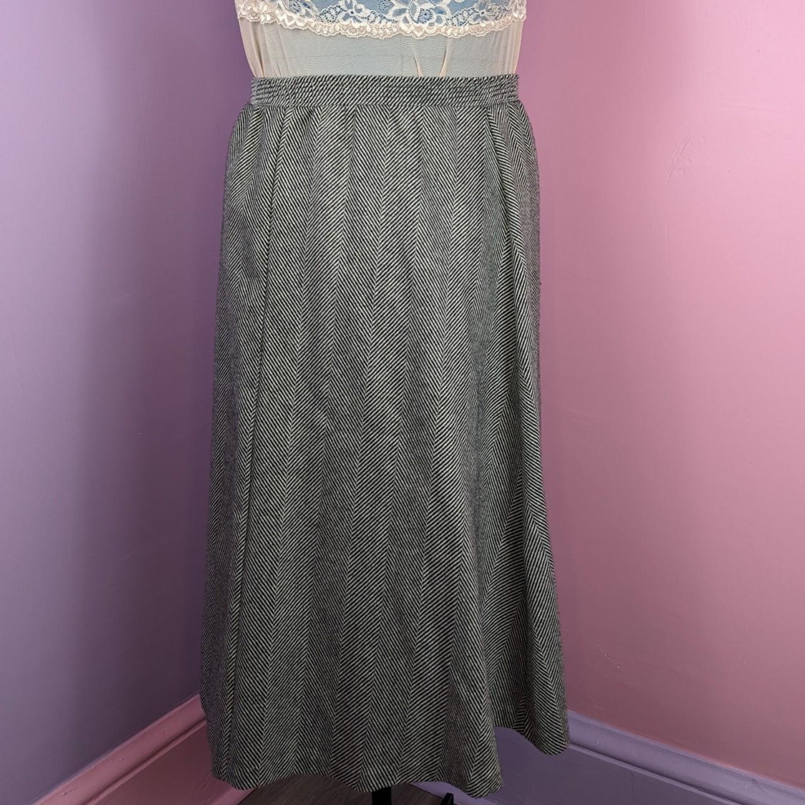 True Vintage 70's A Dante Original Black and White Herringbone Wool Blend Skirt