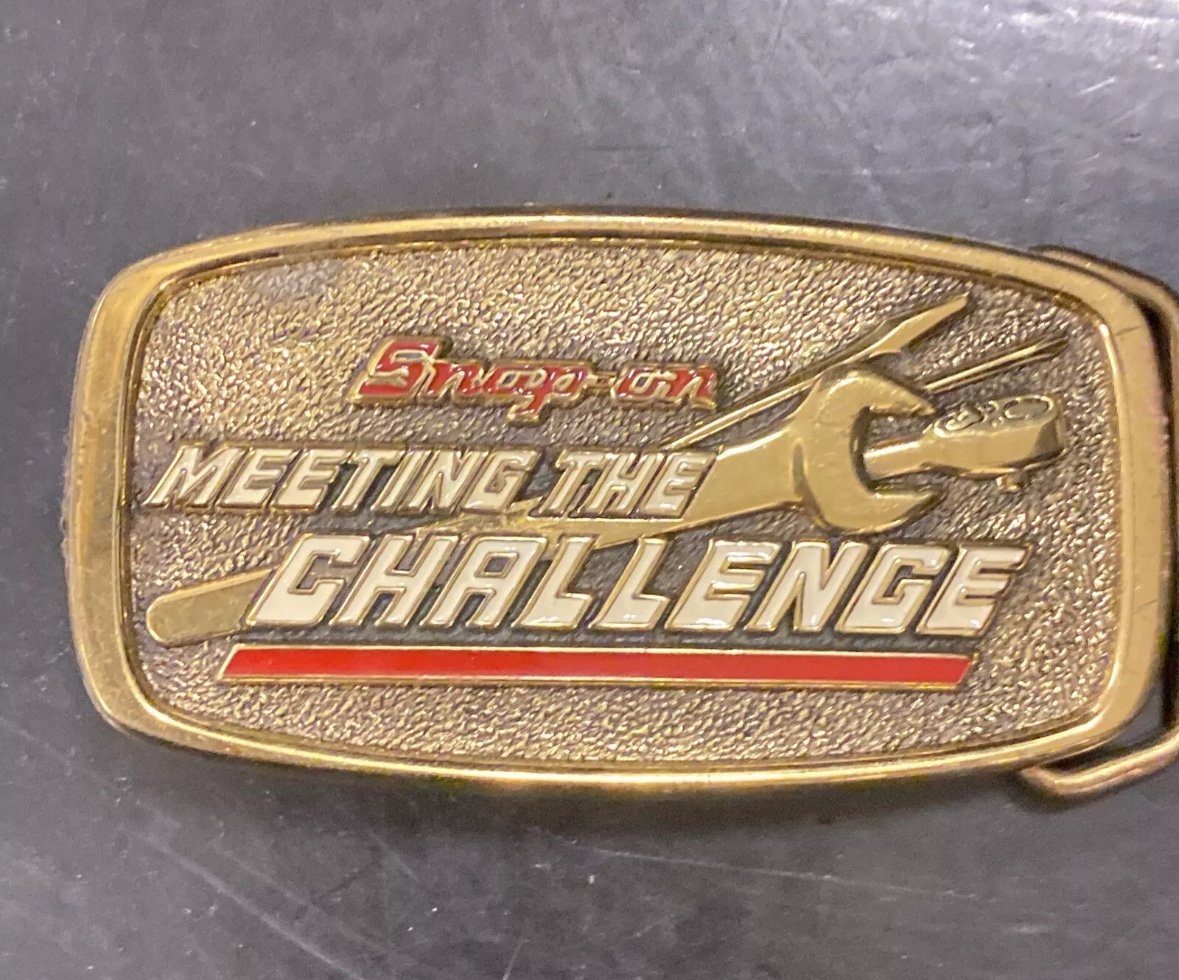 Vintage SNAP-ON TOOLS 1991 BTS Brass Belt Buckle -- MEETING THE CHALLENGE