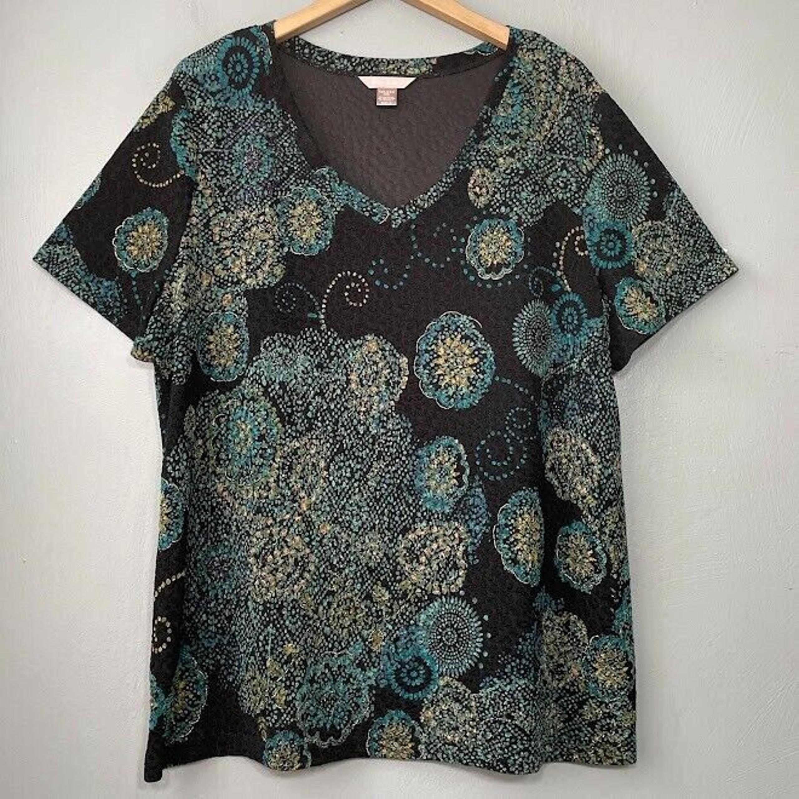 White Stag Size XXL 20 Black Acetate Stretch Travel Knit Top Whimsigoth Metallic