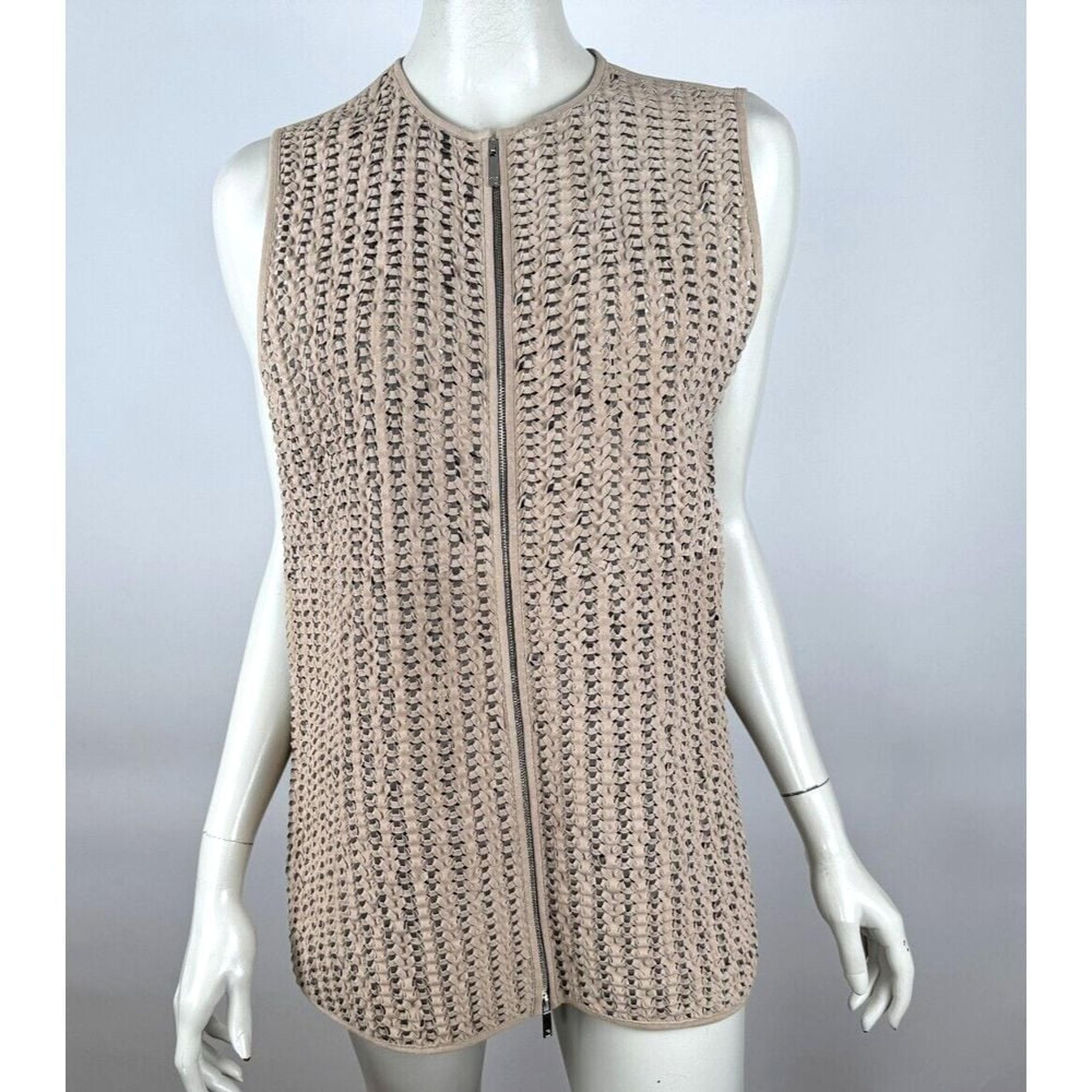 Lafayette 148 NY Woven Weave Leather Vest Women M EUC Front Zip Lightweight Tan