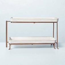 2-Tier Stoneware & Metal Serving Stand Cream/Copper Tiered Tray - Hearth & Hand