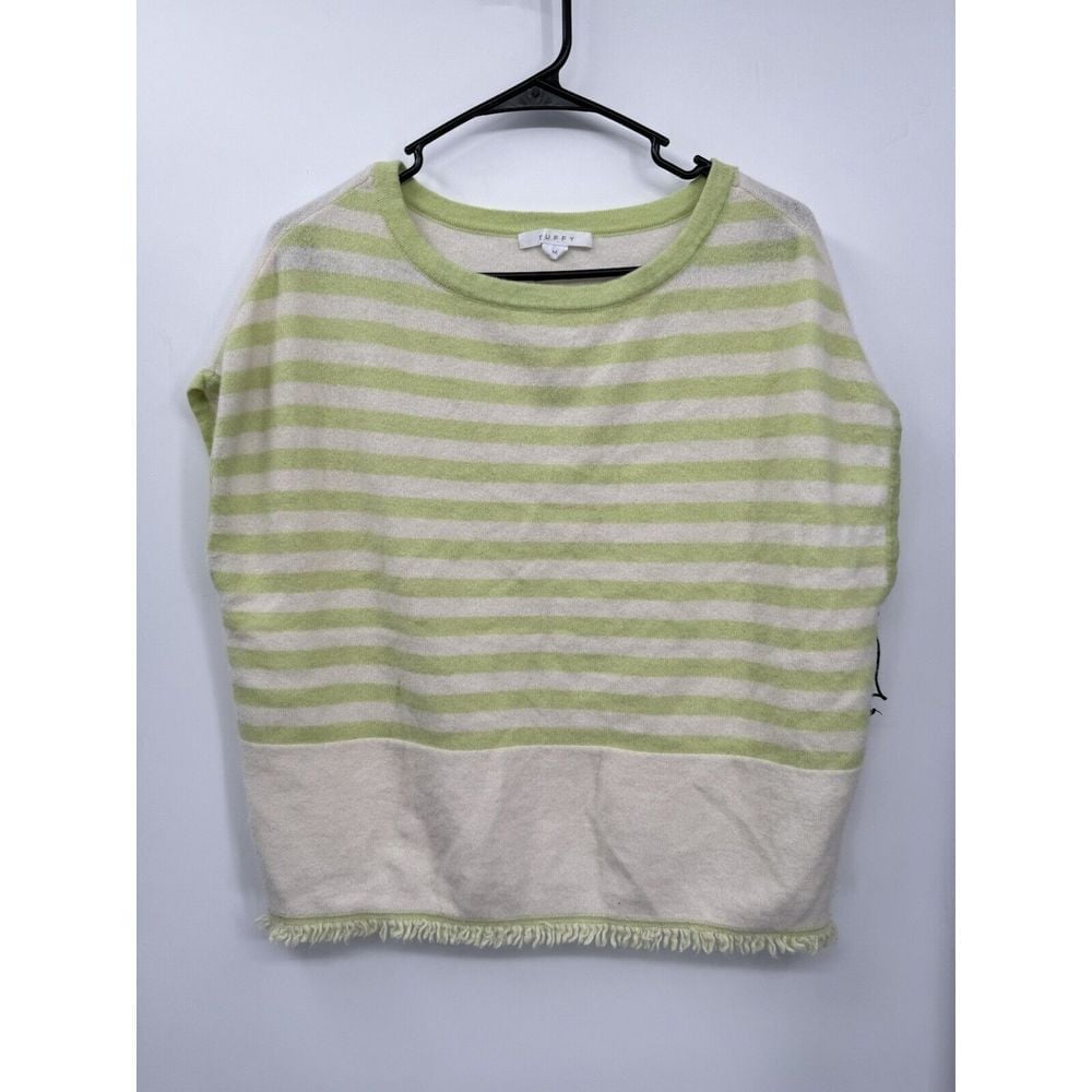 Duffy 100% Cashmere Lime Green White Striped Sleeveless Fringed Tunic Sweater M