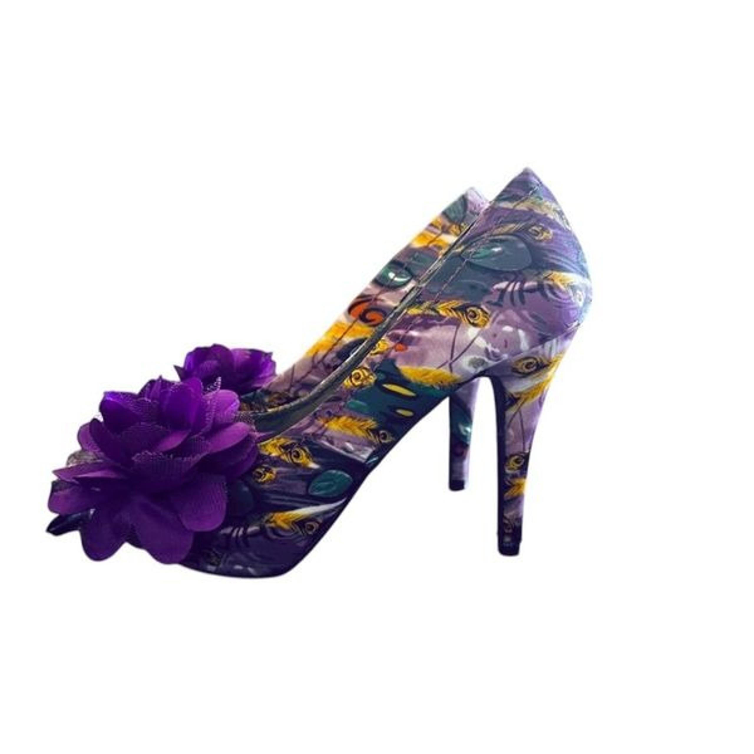 Dolce by Mojo Moxy Open Toe Multi Colored, Purple Flower Peacock Stiletto Heels