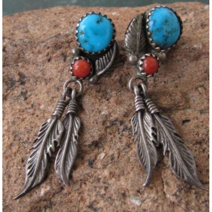 Vintage S. Dickens Southwestern Sterling Silver Turquoise coral Feather earrings
