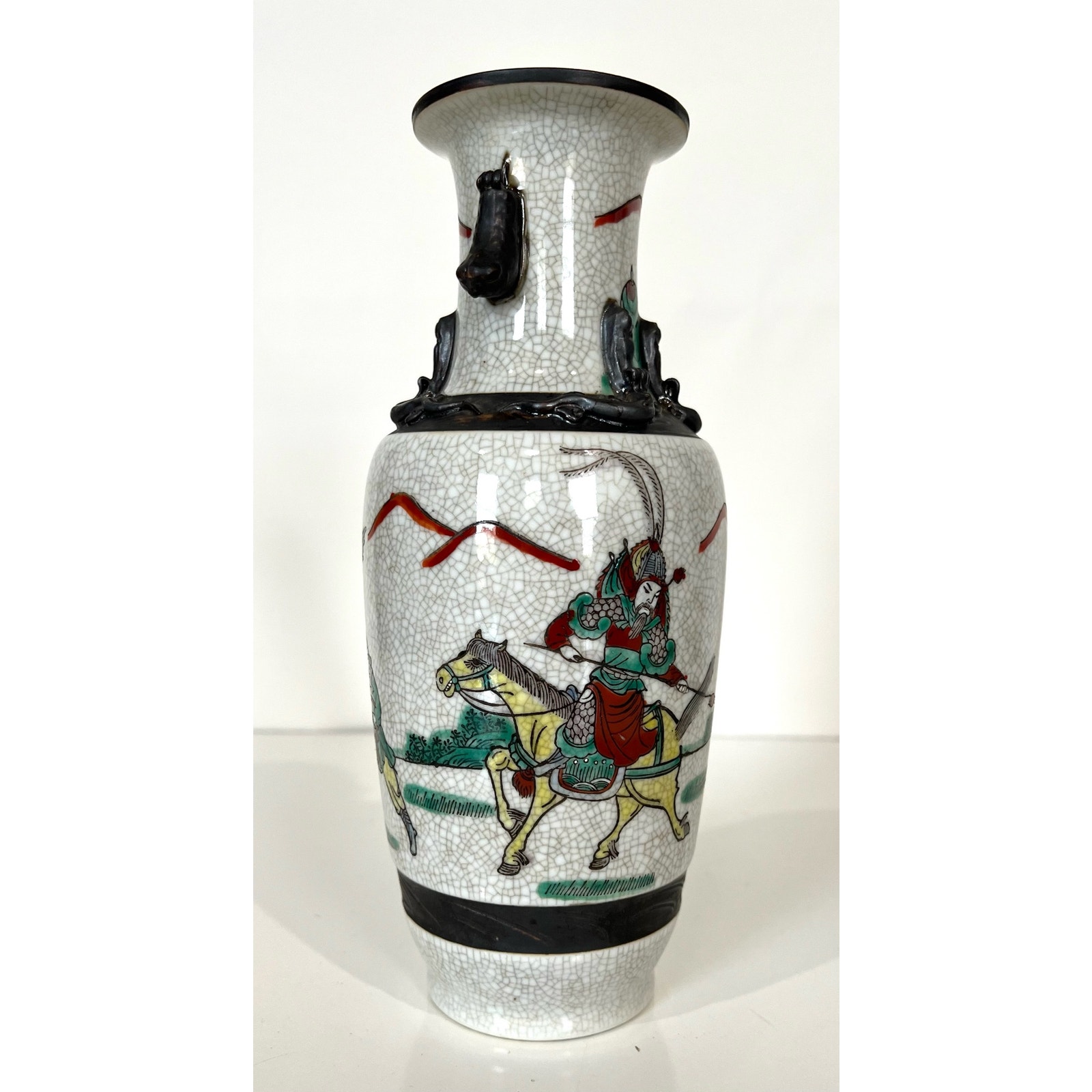 Vintage Chinese Crackle Glaze Warrior Vase 10”