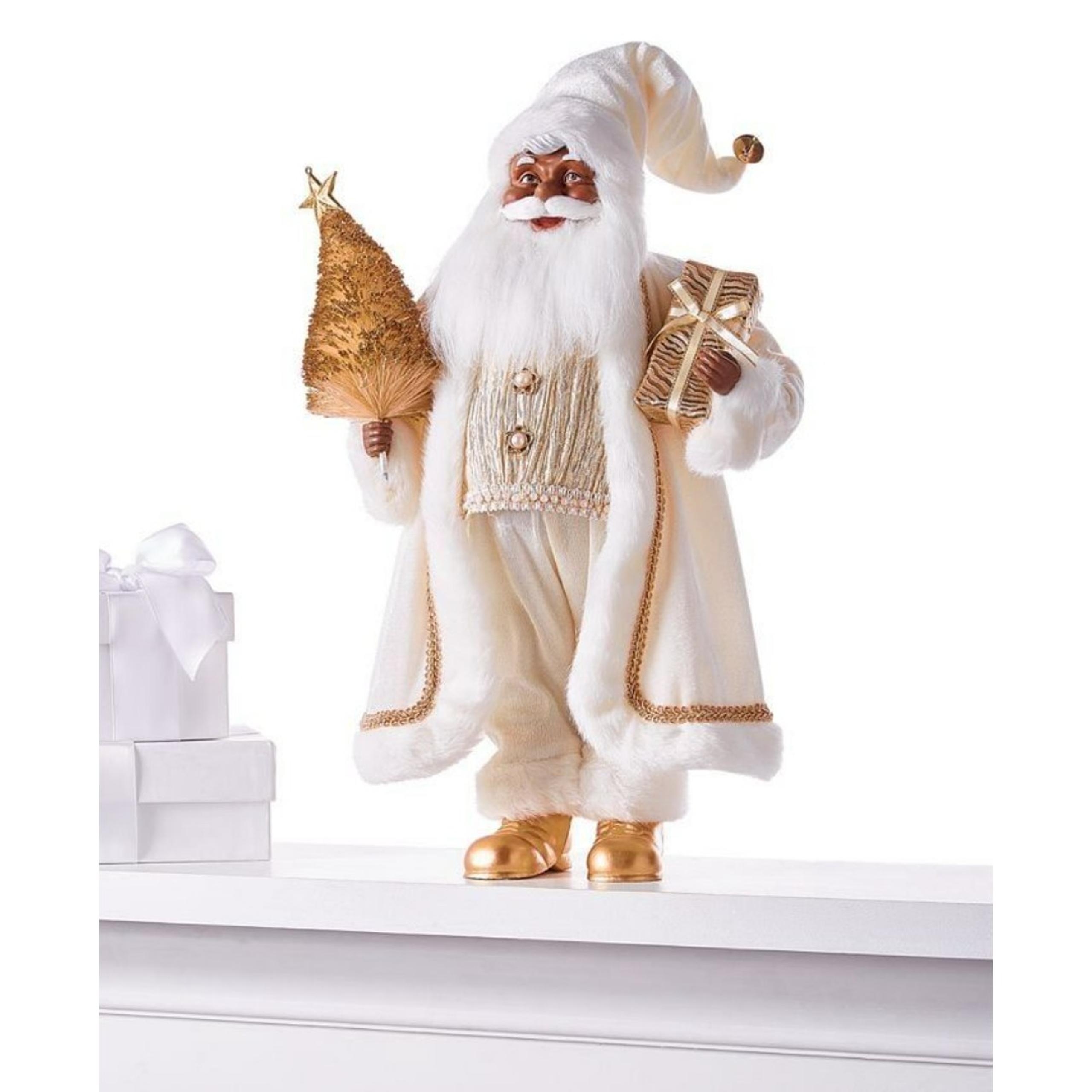 HOLIDAY LANE Fabric Standing African American Santa in Ivory Outfit Holding Gold