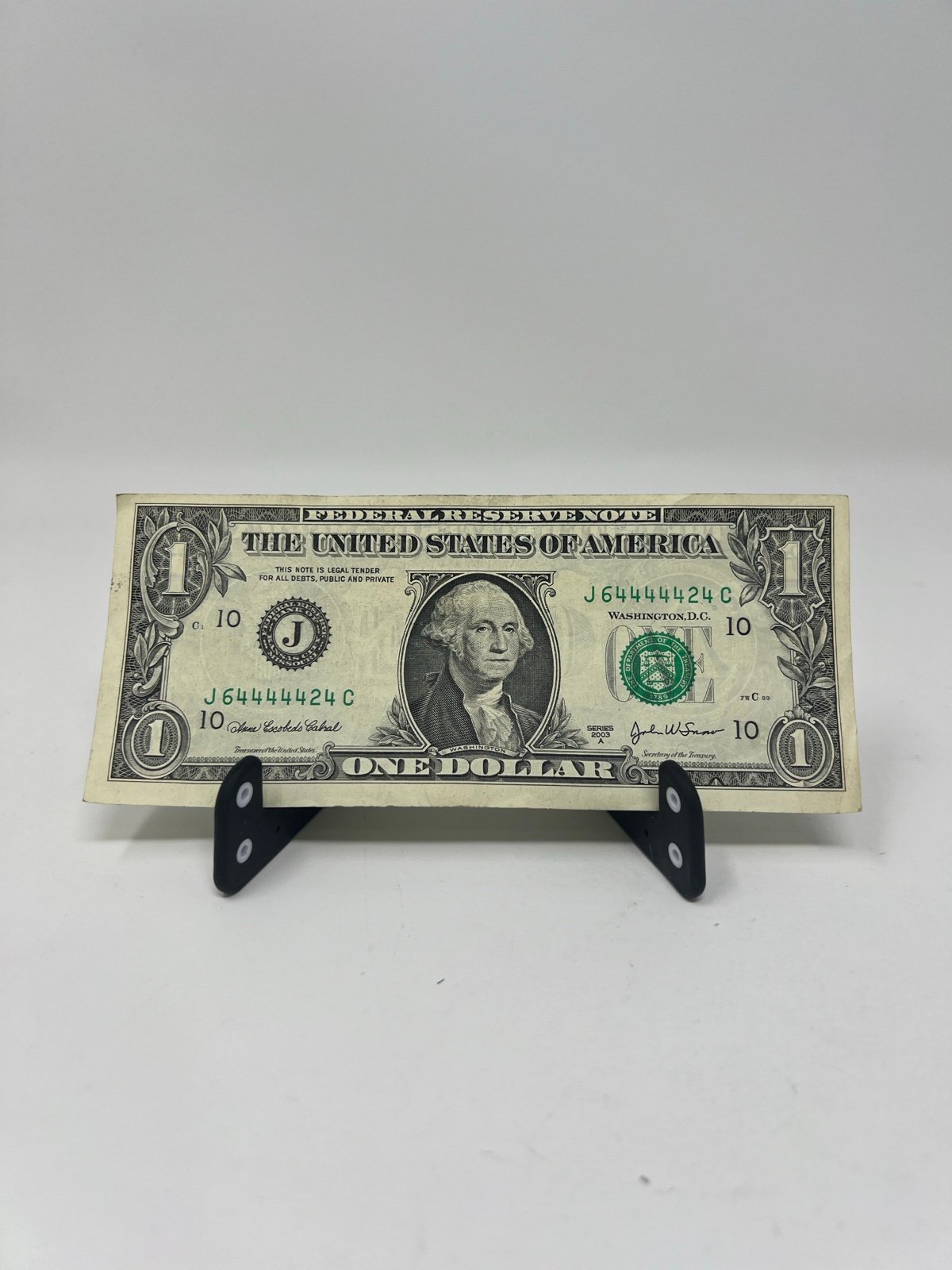 5 IN A ROW - SIX OF A KIND 4s Fancy Serial Number 1 Dollar Bill J64444424C