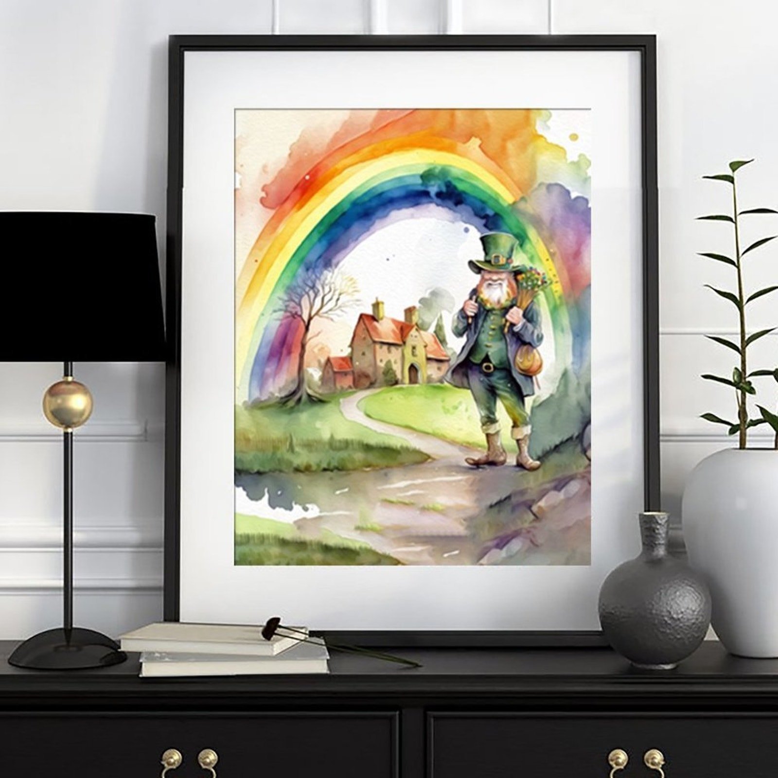 8x10 St. Patricks Day Leprechaun Rainbow Irish Watercolor Oil Painting Print