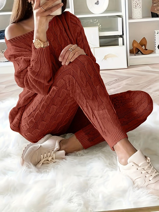 Solid Knitted Matching Two-piece Set, Casual Long Sleeve Sweater & Pants Outfits