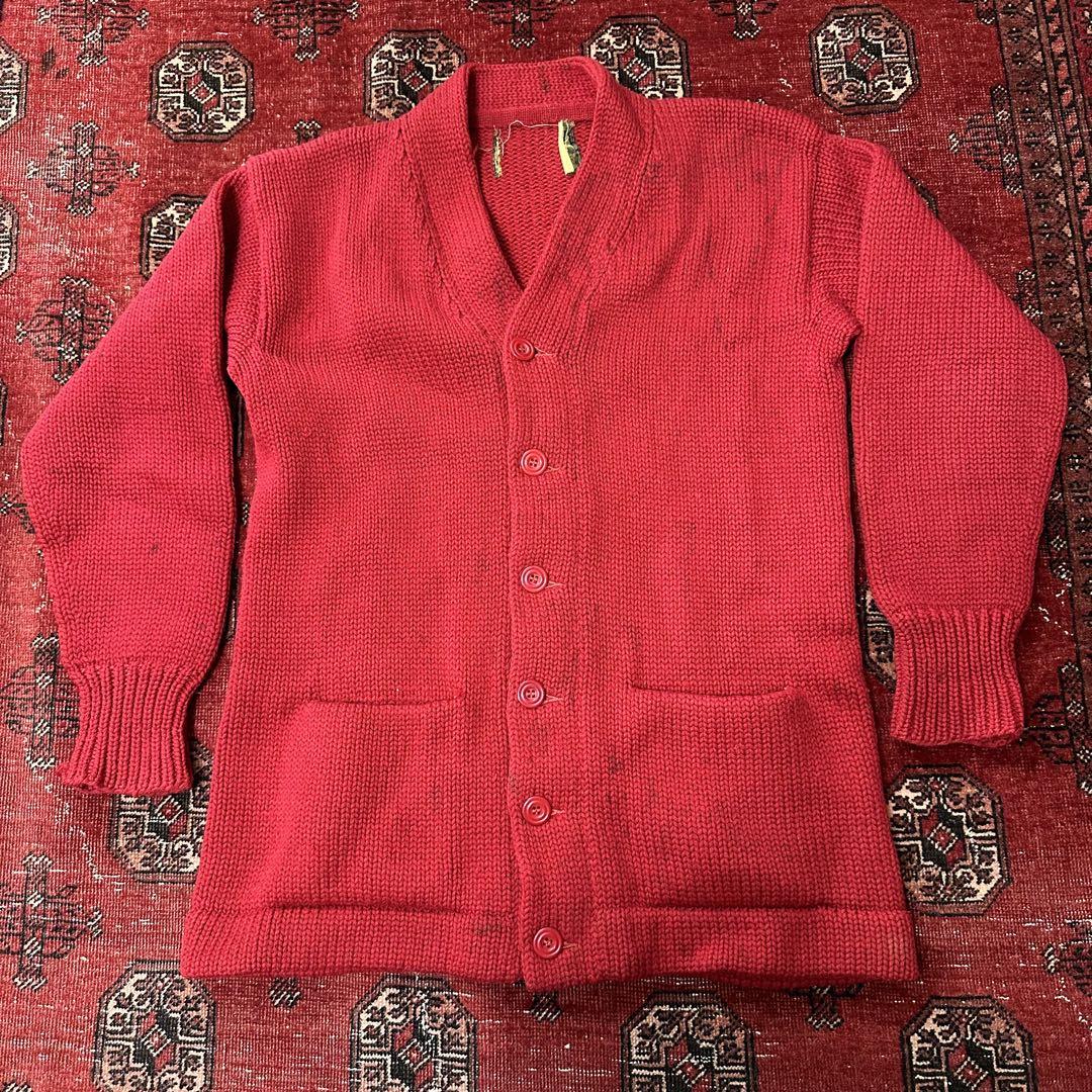 50s Wool Knit Cardigan, Actual Size L - Red Body, Buttons Complete