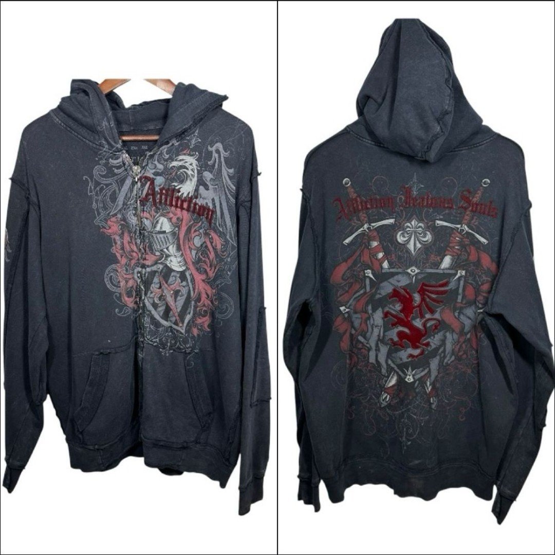 Affliction Mens Jealous Souls Full Zip Hoodie L Y2K Distressed Grunge AOP