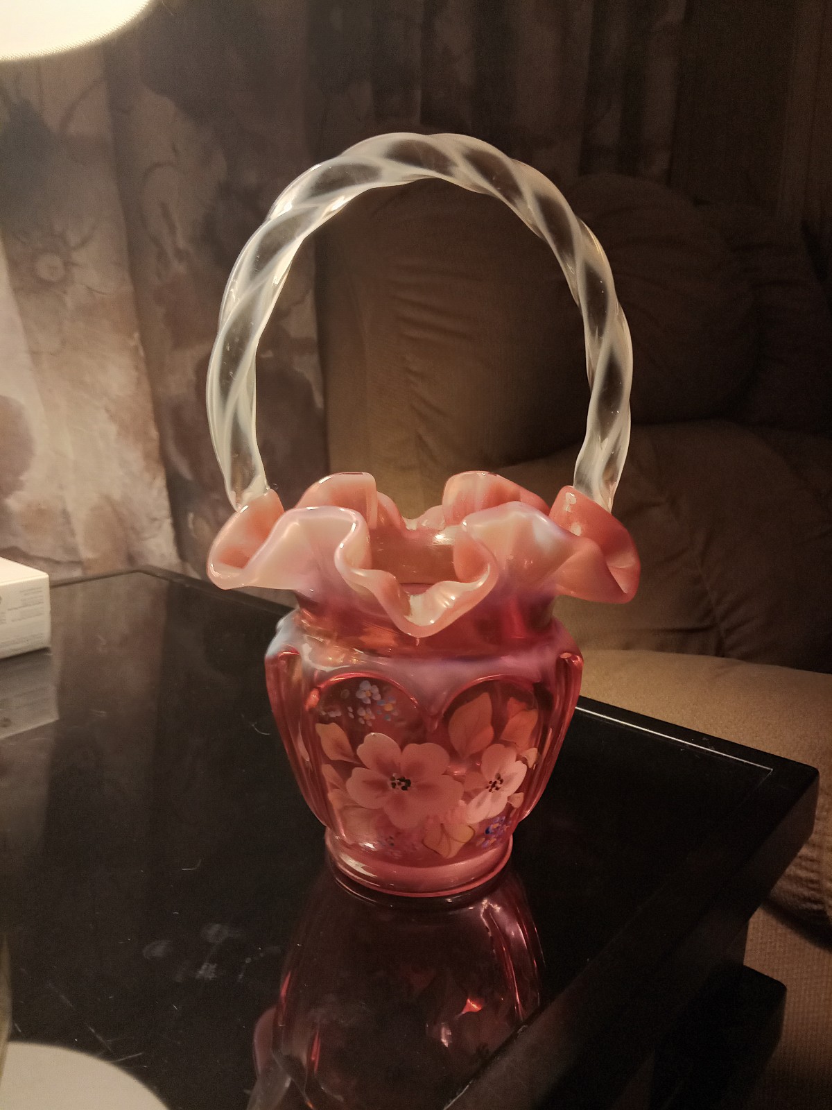 This is a beautiful Fenton Cranberry Opalescent Open Heart Arches Basket.  It me