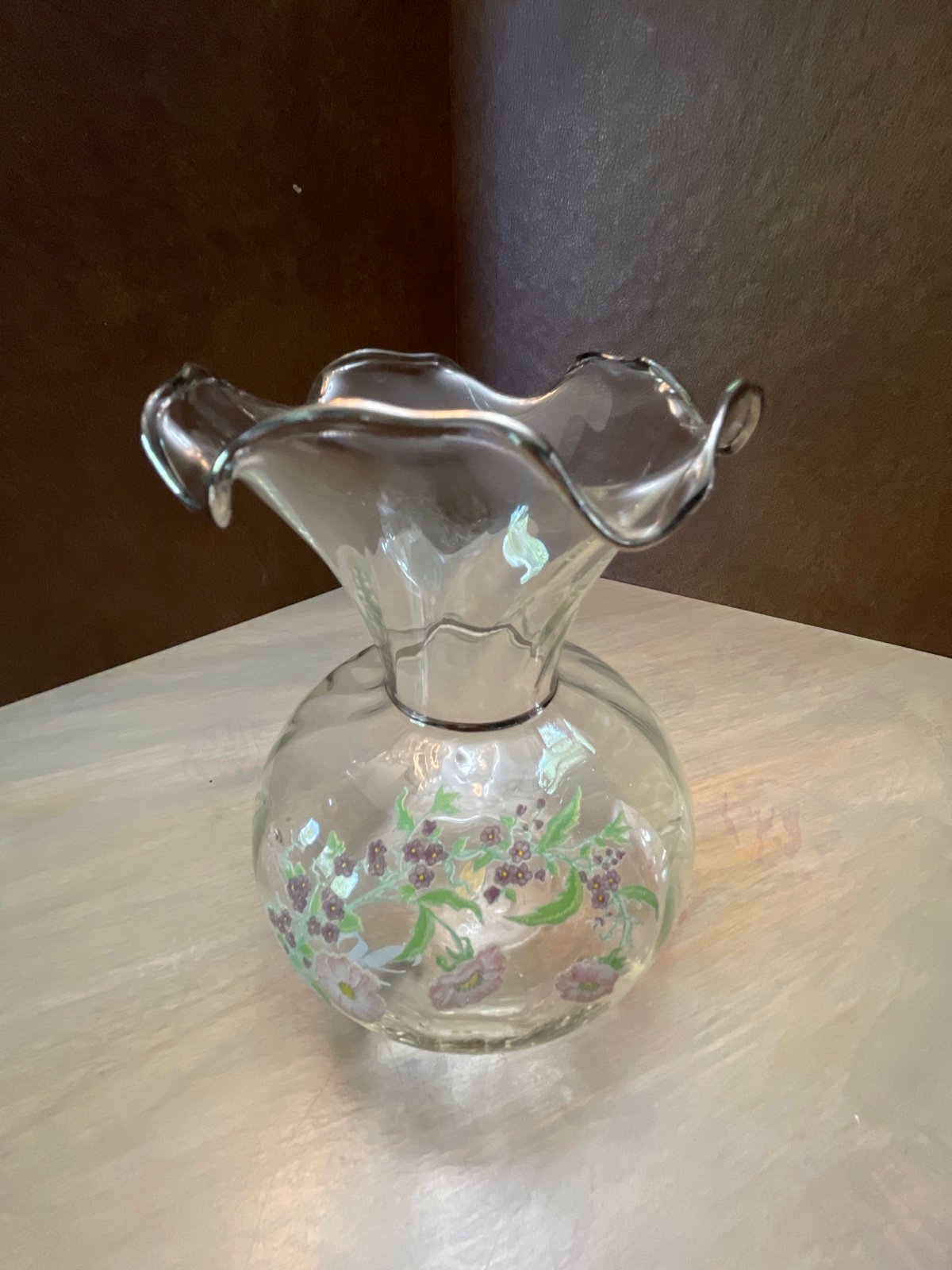 Vintage Fenton Clear Ruffled Swirl Vase with Textured Enamel Vine & Flower 25th